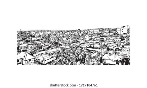 Building view with landmark of Guinea is a country in West Africa. Hand drawn sketch illustration in vector.