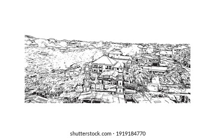 Building view with landmark of Guinea is a country in West Africa. Hand drawn sketch illustration in vector.