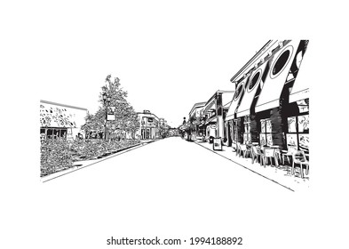 Building view with landmark of Gulf Shores is a city in Alabama. Hand drawn sketch illustration in  vector.