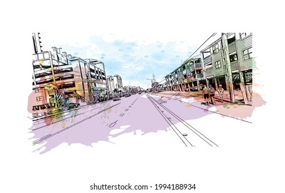 Building view with landmark of Gulf Shores is a city in Alabama. Watercolor splash with hand drawn sketch illustration in  vector.