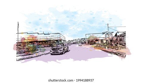 Building view with landmark of Gulf Shores is a city in Alabama. Watercolor splash with hand drawn sketch illustration in  vector.
