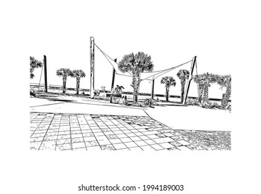 Building view with landmark of Gulf Shores is a city in Alabama. Hand drawn sketch illustration in  vector.