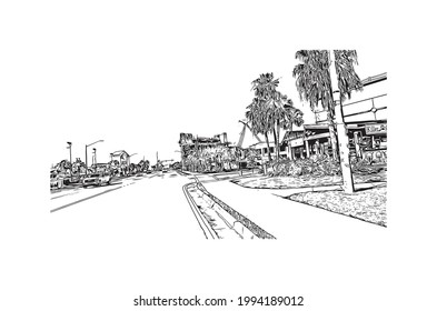 Building view with landmark of Gulf Shores is a city in Alabama. Hand drawn sketch illustration in  vector.