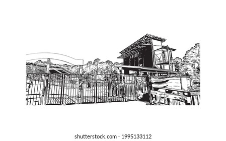 Building view with landmark of Gulf Shores is a city in Alabama. Hand drawn sketch illustration in  vector.