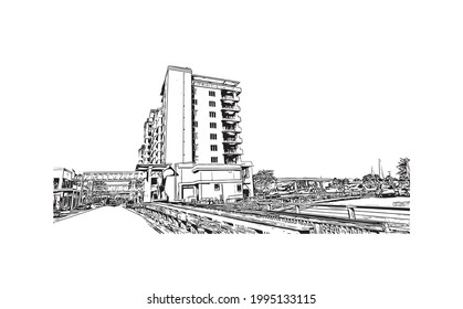 Building view with landmark of Gulf Shores is a city in Alabama. Hand drawn sketch illustration in  vector.