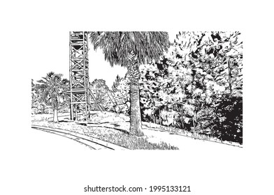 Building view with landmark of Gulf Shores is a city in Alabama. Hand drawn sketch illustration in  vector.