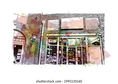 Building view with landmark of Gulf Shores is a city in Alabama. Watercolor splash with hand drawn sketch illustration in  vector.