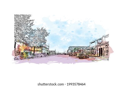 Building view with landmark of Gulfport is the 
city in Mississippi. Watercolor splash with hand drawn sketch illustration in vector.