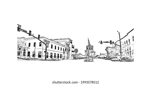 Building view with landmark of Gulfport is the 
city in Mississippi. Hand drawn sketch illustration in vector.