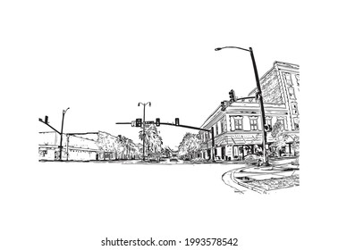 Building view with landmark of Gulfport is the 
city in Mississippi. Hand drawn sketch illustration in vector.