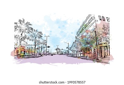 Building view with landmark of Gulfport is the 
city in Mississippi. Watercolor splash with hand drawn sketch illustration in vector.