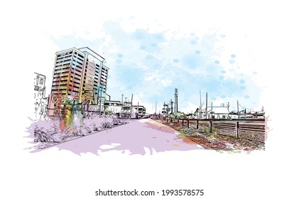 Building view with landmark of Gulfport is the 
city in Mississippi. Watercolor splash with hand drawn sketch illustration in vector.