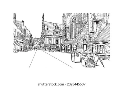 Building view with landmark of Haarlem is the 
city in Netherlands. Hand drawn sketch illustration in vector.