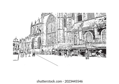 Building view with landmark of Haarlem is the 
city in Netherlands. Hand drawn sketch illustration in vector.