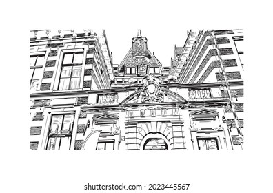 Building view with landmark of Haarlem is the 
city in Netherlands. Hand drawn sketch illustration in vector.