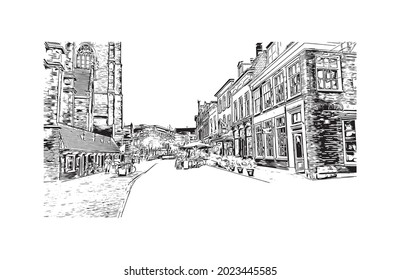 Building view with landmark of Haarlem is the 
city in Netherlands. Hand drawn sketch illustration in vector.