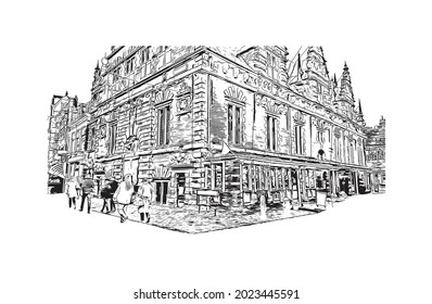 Building view with landmark of Haarlem is the 
city in Netherlands. Hand drawn sketch illustration in vector.