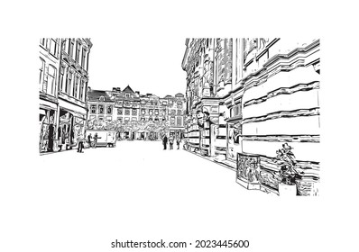 Building view with landmark of Haarlem is the 
city in Netherlands. Hand drawn sketch illustration in vector.