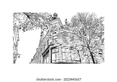 Building view with landmark of Haarlem is the 
city in Netherlands. Hand drawn sketch illustration in vector.