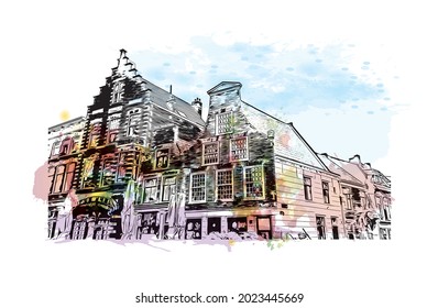 Building view with landmark of Haarlem is the 
city in Netherlands. Watercolor splash with hand drawn sketch illustration in vector.