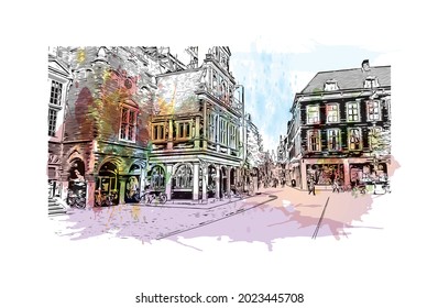 Building view with landmark of Haarlem is the 
city in Netherlands. Watercolor splash with hand drawn sketch illustration in vector.