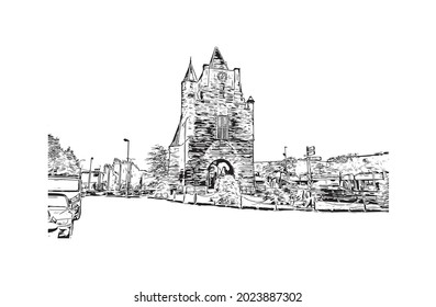 Building view with landmark of Haarlem is the 
city in the Netherlands. Hand drawn sketch illustration in vector.
