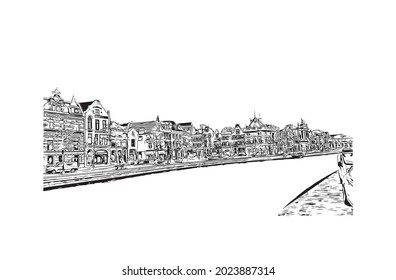 Building view with landmark of Haarlem is the 
city in the Netherlands. Hand drawn sketch illustration in vector.