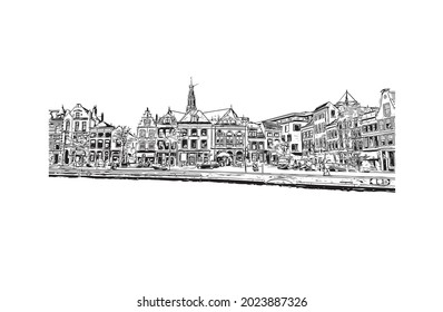 Building view with landmark of Haarlem is the 
city in the Netherlands. Hand drawn sketch illustration in vector.