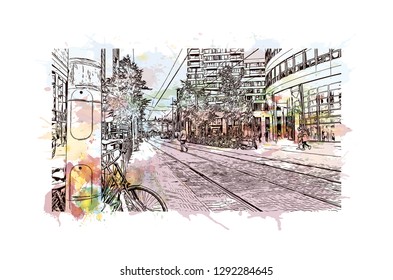Building view with landmark of  The Hague is a city on the North Sea coast of the western Netherlands. Watercolor splash with hand drawn sketch illustration in vector.