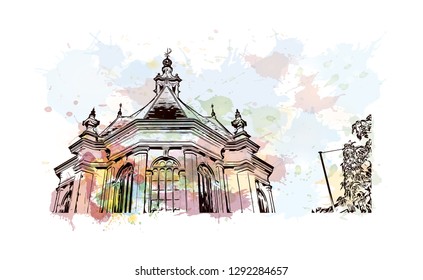 Building view with landmark of  The Hague is a city on the North Sea coast of the western Netherlands. Watercolor splash with hand drawn sketch illustration in vector.