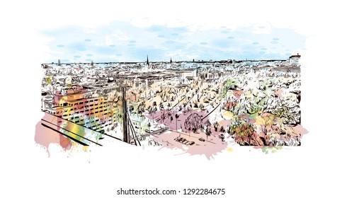 Building view with landmark of  The Hague is a city on the North Sea coast of the western Netherlands. Watercolor splash with hand drawn sketch illustration in vector.