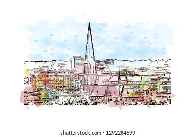 Building view with landmark of  The Hague is a city on the North Sea coast of the western Netherlands. Watercolor splash with hand drawn sketch illustration in vector.