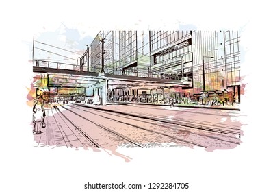 Building view with landmark of  The Hague is a city on the North Sea coast of the western Netherlands. Watercolor splash with hand drawn sketch illustration in vector.
