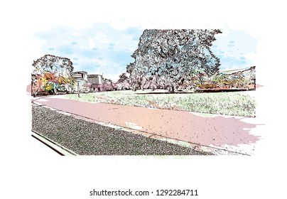 Building view with landmark of  The Hague is a city on the North Sea coast of the western Netherlands. Watercolor splash with hand drawn sketch illustration in vector.