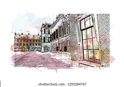 Building view with landmark of  The Hague is a city on the North Sea coast of the western Netherlands. Watercolor splash with hand drawn sketch illustration in vector.