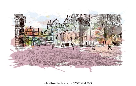 Building view with landmark of  The Hague is a city on the North Sea coast of the western Netherlands. Watercolor splash with hand drawn sketch illustration in vector.