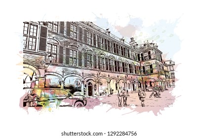 Building view with landmark of  The Hague is a city on the North Sea coast of the western Netherlands. Watercolor splash with hand drawn sketch illustration in vector.