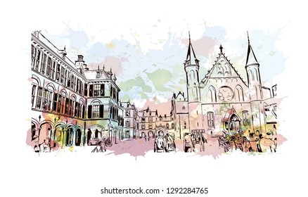 Building view with landmark of  The Hague is a city on the North Sea coast of the western Netherlands. Watercolor splash with hand drawn sketch illustration in vector.