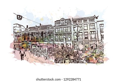 Building view with landmark of  The Hague is a city on the North Sea coast of the western Netherlands. Watercolor splash with hand drawn sketch illustration in vector.