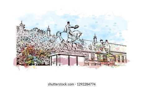 Building view with landmark of  The Hague is a city on the North Sea coast of the western Netherlands. Watercolor splash with hand drawn sketch illustration in vector.