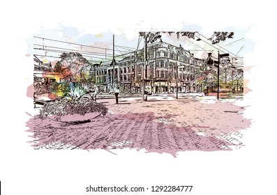 Building view with landmark of  The Hague is a city on the North Sea coast of the western Netherlands. Watercolor splash with hand drawn sketch illustration in vector.