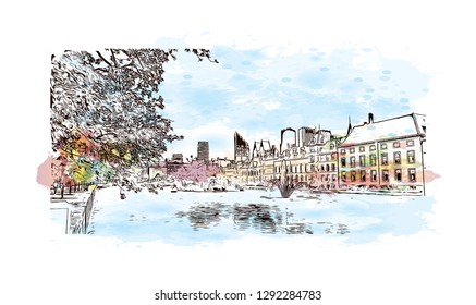 Building view with landmark of  The Hague is a city on the North Sea coast of the western Netherlands. Watercolor splash with hand drawn sketch illustration in vector.