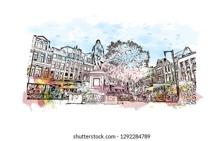 Building view with landmark of  The Hague is a city on the North Sea coast of the western Netherlands. Watercolor splash with hand drawn sketch illustration in vector.