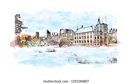 Building view with landmark of  The Hague is a city on the North Sea coast of the western Netherlands. Watercolor splash with hand drawn sketch illustration in vector.