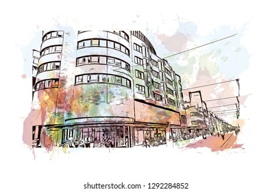 Building view with landmark of  The Hague is a city on the North Sea coast of the western Netherlands. Watercolor splash with hand drawn sketch illustration in vector.