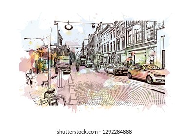 Building view with landmark of  The Hague is a city on the North Sea coast of the western Netherlands. Watercolor splash with hand drawn sketch illustration in vector.