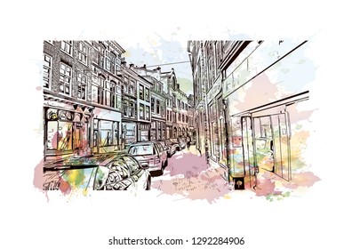 Building view with landmark of  The Hague is a city on the North Sea coast of the western Netherlands. Watercolor splash with hand drawn sketch illustration in vector.