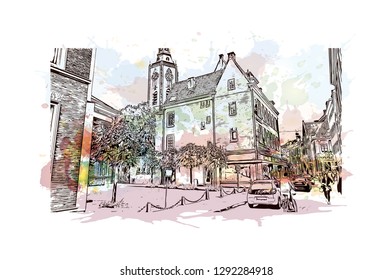 Building view with landmark of  The Hague is a city on the North Sea coast of the western Netherlands. Watercolor splash with hand drawn sketch illustration in vector.