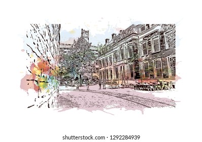 Building view with landmark of  The Hague is a city on the North Sea coast of the western Netherlands. Watercolor splash with hand drawn sketch illustration in vector.