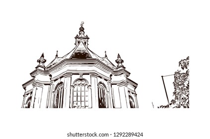 Building view with landmark of The Hague is a city on the North Sea coast of the western Netherlands. hand drawn sketch illustration in vector.